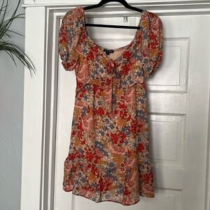 As U Wish Womens S Dress Floral Lined Short Sleeve Tie Front Sweetheart Neck NWT